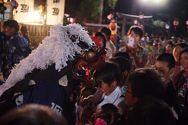 三田天満神社の夏祭で子どもの頭を噛む獅子舞